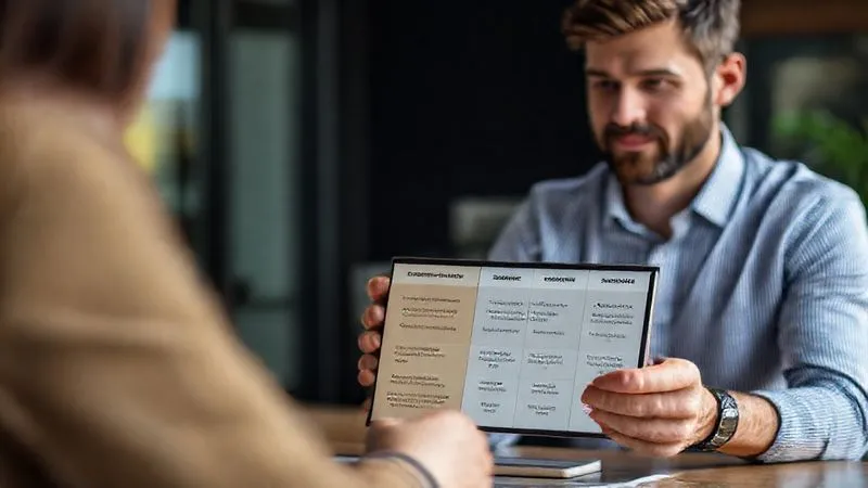 Photorealistic image of a professional freelancer presenting a well-organized set of service packages on a digital tablet to a client. The packages are clearly defined with different tiers and benefits, symbolizing structured offerings and transparency. Cinematic lighting, sharp focus on the tablet and faces, depth of field, 8K, shot on a high-end DSLR.