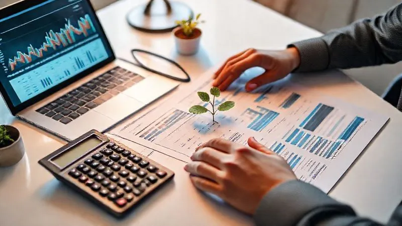 Photorealistic image of a person's hands meticulously organizing financial documents and digital spreadsheets on a clean, modern desk. There's a calculator, a laptop displaying financial charts, and a small plant, conveying a sense of order, control, and growth. Cinematic lighting, sharp focus on the hands and documents, depth of field, 8K, shot on a high-end DSLR.