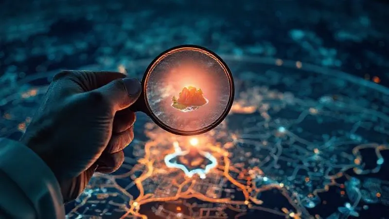 A photorealistic, professional photography of a person holding a magnifying glass over a complex, glowing digital map, focusing on a single, brightly lit, small island, symbolizing a niche market. Cinematic lighting, sharp focus, depth of field, 8K hyper-detailed, shot on a high-end DSLR.