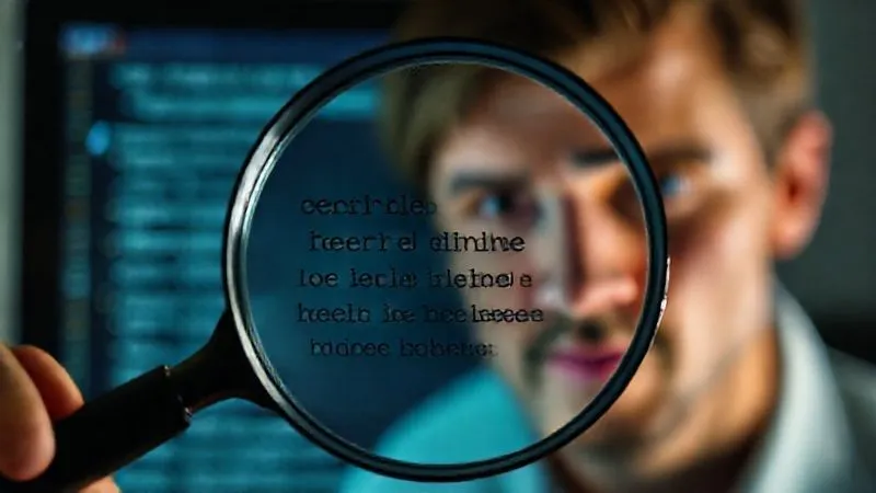 A photorealistic image of a magnifying glass hovering over a poorly written piece of copy on a digital screen, highlighting generic phrases, with a thoughtful, slightly concerned expression on a person's face in the blurred background, professional photography, 8K, cinematic lighting, sharp focus, depth of field.