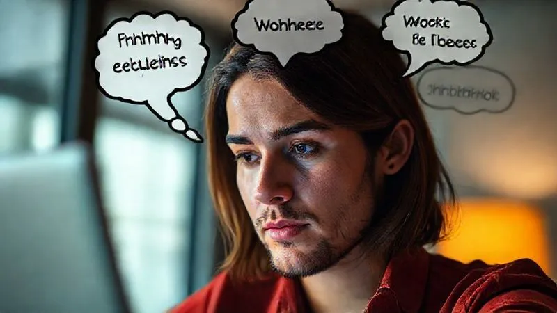 A photorealistic close-up of a freelancer's face, mid-30s, looking thoughtfully at a laptop screen, with thought bubbles above their head depicting common freelancer struggles like 'finding clients', 'managing finances', 'work-life balance'. Cinematic lighting, sharp focus on the face, depth of field, 8K, professional photography.