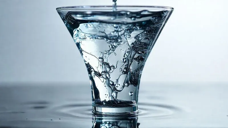 A photorealistic representation of a sales funnel made of glass, with water (representing leads) flowing smoothly at the top but then dramatically leaking out through cracks and holes in the middle and bottom sections. The water represents potential sales for online courses. Cinematic lighting, sharp focus on the leaks, depth of field, 8K, professional photography.