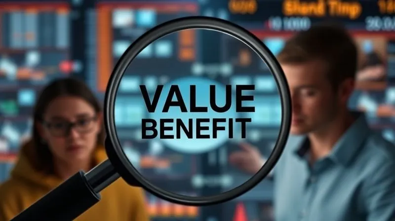 Photorealistic, professional photography, 8K, cinematic lighting, sharp focus, depth of field, shot on a high-end DSLR. A magnifying glass hovering over a vibrant, clear headline on a digital screen, emphasizing the word 'VALUE' or 'BENEFIT', with a slightly blurred background of confused users looking at complex interfaces. The focus is on clarity and impact.