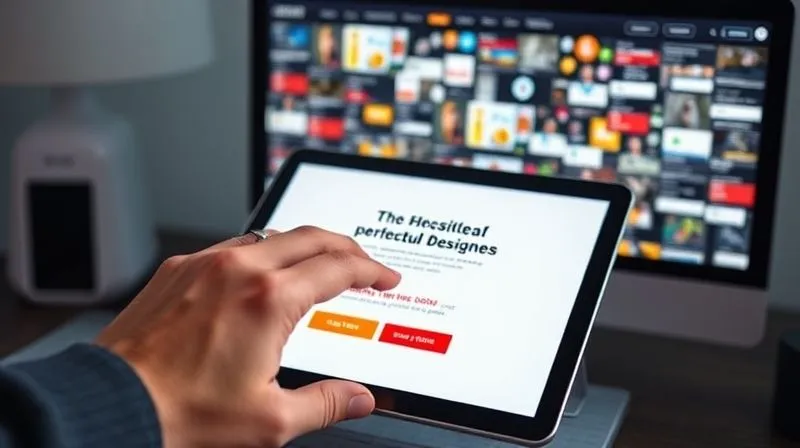 Photorealistic, professional photography, 8K, cinematic lighting, sharp focus, depth of field, shot on a high-end DSLR. A user's hand smoothly navigating a perfectly designed, minimalist landing page on a tablet, with clear call-to-action buttons and engaging visuals. The background shows a chaotic, cluttered webpage on a desktop, highlighting the contrast of good vs. bad UX.