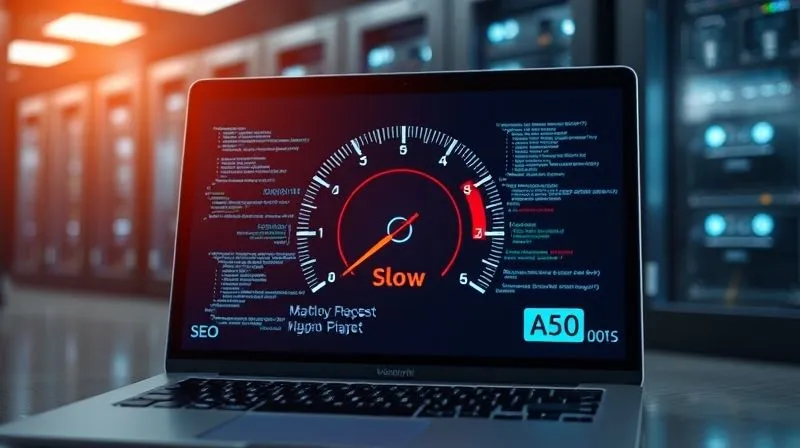 Photorealistic, professional photography, 8K, cinematic lighting, sharp focus, depth of field, shot on a high-end DSLR. A digital speed gauge showing a needle moving from 'Slow' to 'Fast' on a glowing laptop screen, with lines of code and SEO keywords subtly overlaid on the screen. The background is a blurred server room, symbolizing technical optimization.