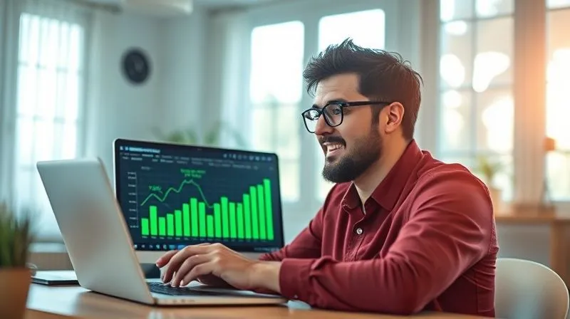 Photorealistic, professional photography, 8K, cinematic lighting, sharp focus, depth of field, shot on a high-end DSLR. A triumphant, determined freelancer looking at a digital dashboard on a laptop, showing rapidly increasing conversion rates and green upward arrows. The background is a clean, modern home office, filled with natural light, symbolizing success and clarity after implementing strategies.