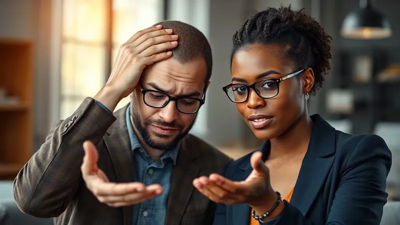 A photorealistic image of two diverse people, one looking stressed and holding their head, the other offering a comforting hand and a solution, symbolizing empathy and problem-solving in a professional context. Cinematic lighting, sharp focus on their expressions, depth of field, 8K, professional photography, shot on a high-end DSLR.