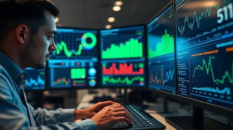 A photorealistic image of a professional analyzing multiple screens displaying complex data dashboards with charts, graphs, and KPIs. The screens are glowing with green and blue data points, reflecting on the person's concentrated face. Cinematic lighting, sharp focus on the data and the person's hands on a keyboard, depth of field blurring the office background, 8K hyper-detailed, professional photography.