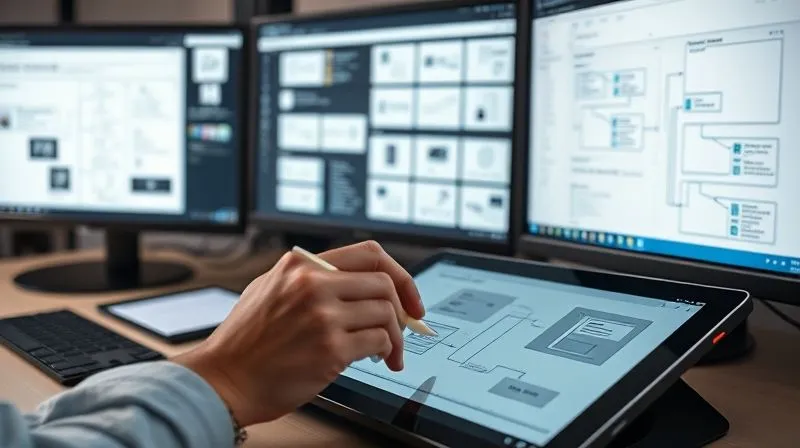 A photorealistic image of a UX/UI designer's desk with multiple screens displaying wireframes, prototypes, and user flow diagrams. A hand is holding a stylus, making adjustments on a tablet. The overall aesthetic is clean, modern, and focused on user-centered design principles. Cinematic lighting, sharp focus on the screens and the stylus, depth of field blurring the background, 8K hyper-detailed, professional photography.