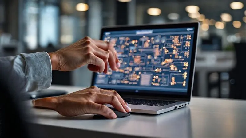 Photorealistic image of a minimalist desk with a laptop displaying a complex but organized flow chart of automated processes, with small, glowing data points moving seamlessly. A human hand is calmly hovering over a mouse, overseeing the system. The background is slightly blurred, suggesting a busy but harmonized digital environment. Cinematic lighting, 8K, sharp focus, depth of field.