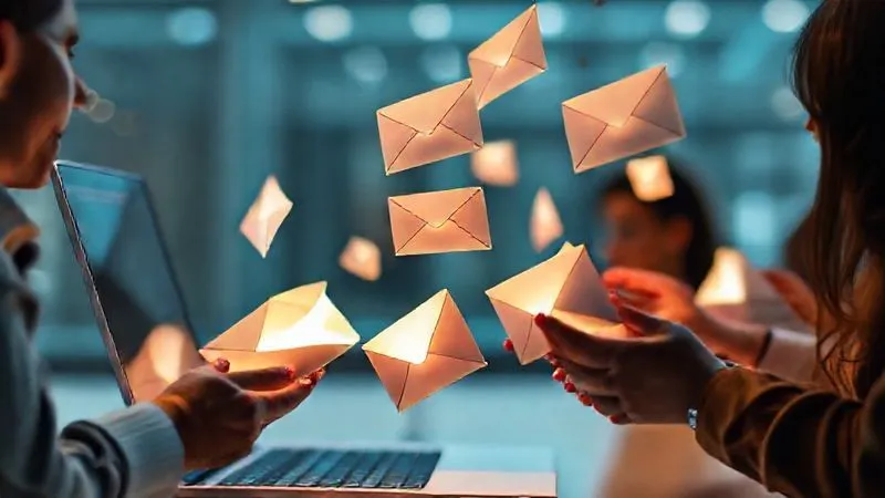Photorealistic image of a series of open envelopes flying from a laptop screen into the hands of diverse people, symbolizing automated, personalized email delivery and engagement. The envelopes are glowing subtly, representing valuable content. The background is a clean, modern digital landscape. Cinematic lighting, 8K, sharp focus, depth of field.