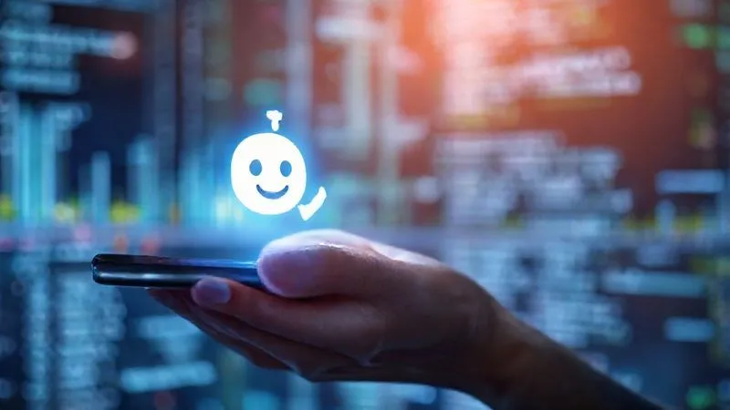 Photorealistic image of a friendly, glowing chatbot icon interacting seamlessly with a human hand on a smartphone screen, against a backdrop of flowing data and customer queries being resolved efficiently. The scene conveys effortless communication and immediate answers. Cinematic lighting, 8K, sharp focus, depth of field.