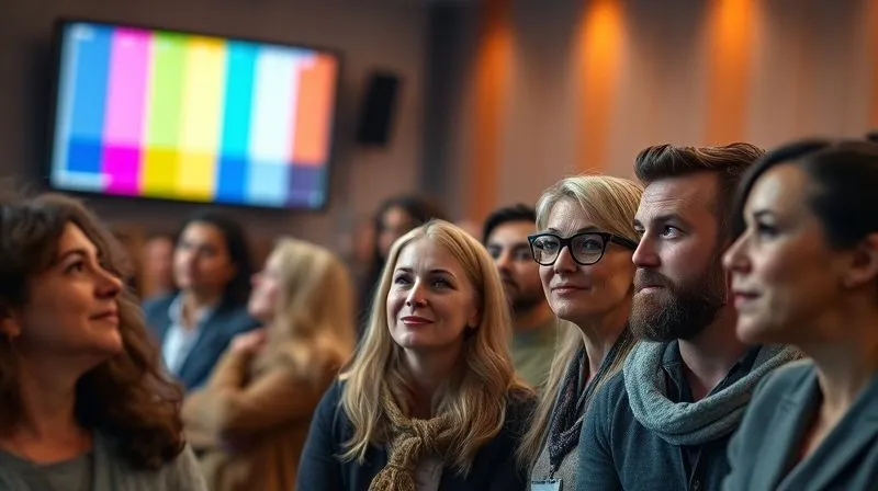 photorealistic, professional photography, 8K, cinematic lighting, sharp focus, depth of field, shot on a high-end DSLR. A diverse group of people from different age ranges and backgrounds looking at a digital screen displaying various color palettes, each reacting subtly with different emotions on their faces, illustrating audience perception of colors. The scene is bright and engaging, emphasizing human connection to visual stimuli.