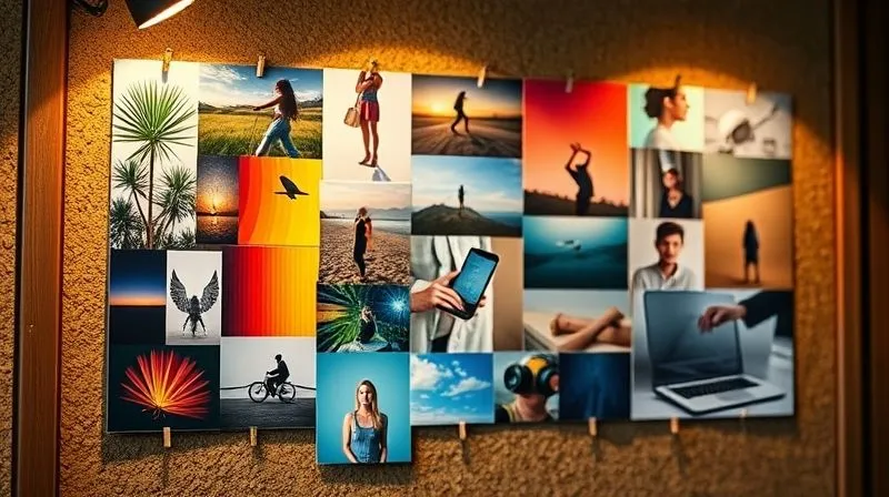 photorealistic, professional photography, 8K, cinematic lighting, sharp focus, depth of field, shot on a high-end DSLR. A vibrant mood board for a brand, featuring carefully curated color swatches alongside inspiring images of nature, technology, and people, all evoking specific emotions. The mood board is pinned to a corkboard, with soft studio lighting illuminating its details, conveying creativity and strategic thought.