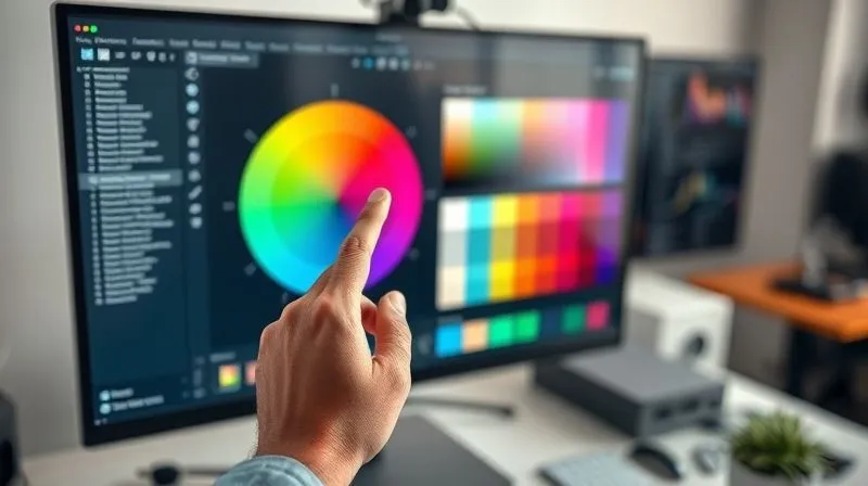 photorealistic, professional photography, 8K, cinematic lighting, sharp focus, depth of field, shot on a high-end DSLR. A graphic designer's hand using a digital color picker tool on a monitor, with a vibrant and harmonized color palette displayed on the screen, showing hexagonal color codes and accessibility contrast ratios. The background is a clean, modern workspace, with various design software interfaces subtly visible, emphasizing the blend of creativity and technical precision.