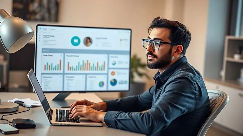 A photorealistic image of a focused freelancer, sitting at a modern desk with a laptop, displaying a clean, organized CRM dashboard with various charts and client cards. The freelancer has a thoughtful expression, indicating clarity and control over their work. Cinematic lighting, sharp focus, depth of field, 8K hyper-detailed, professional photography, shot on a high-end DSLR.