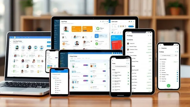 A photorealistic image showing a collage of different CRM interfaces on various screens (laptop, tablet, smartphone), seamlessly integrated. Each interface displays client profiles, sales funnels, and task lists, highlighting the diversity and functionality of the apps. Cinematic lighting, sharp focus, depth of field, 8K hyper-detailed, professional photography, shot on a high-end DSLR.