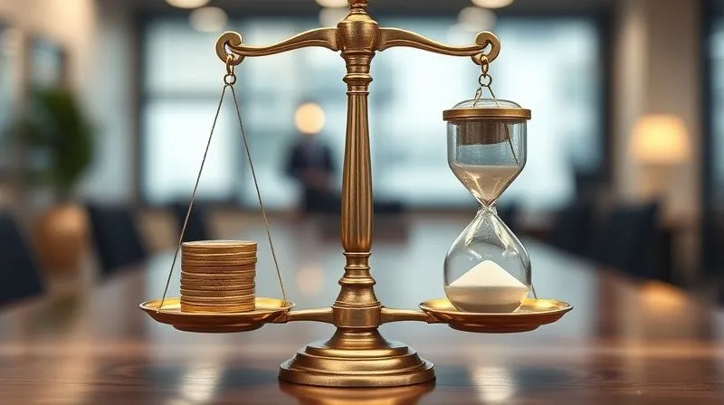A photorealistic image of a vintage brass balance scale. On one side, a stack of gold coins representing 'value' is significantly heavier, pulling down the scale. On the other side, a small, light hourglass representing 'time' is barely making an impact. Cinematic lighting, sharp focus, depth of field blurring a background of a modern office. 8K hyper-detailed, shot on a high-end DSLR.