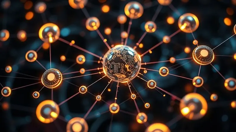 A photorealistic image of a complex digital ecosystem, with interconnected nodes representing different digital products (e-books, online courses, templates, subscription services) radiating from a central hub that symbolizes a freelancer's expertise. The nodes are glowing with soft, warm light, suggesting growth and value creation. Cinematic lighting, sharp focus, depth of field blurring the background, 8K hyper-detailed, shot on a high-end DSLR.