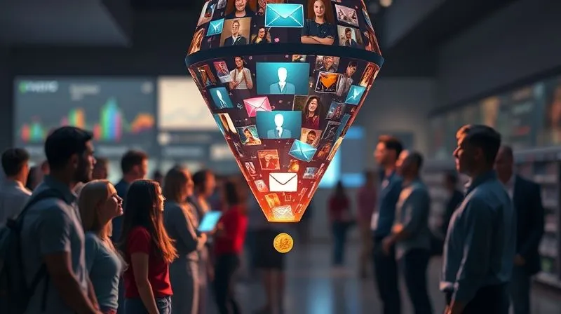A photorealistic image depicting a digital marketing funnel. At the top, a diverse group of people are being drawn in by glowing content (blog posts, videos). In the middle, leads are being nurtured by email sequences. At the bottom, conversions are represented by small, shining coins. The funnel is sleek and modern, bathed in cinematic lighting, sharp focus on the flow of content and people, depth of field blurring a background of digital analytics dashboards. 8K hyper-detailed, shot on a high-end DSLR.