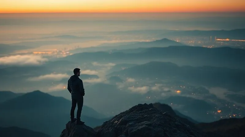 A photorealistic image of a lone figure standing on a mountain peak at dawn, looking out over a vast, misty landscape towards a distant, glowing city skyline, symbolizing a clear long-term vision and strategic planning. The figure has a determined, confident posture. Cinematic lighting, sharp focus on the figure and the near landscape, depth of field blurring the distant city, 8K hyper-detailed, shot on a high-end DSLR.