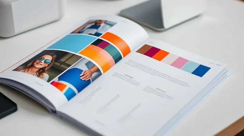 A photorealistic close-up of a vibrant, professionally designed brand style guide open on a minimalist desk, with color palettes, typography samples, and a logo visible. Soft, natural light, sharp focus, 8K.