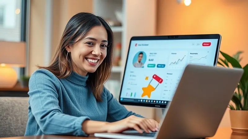 A photorealistic image of a friendly, professional female freelancer interacting with a client via video call, both smiling, with a clean, modern e-commerce dashboard visible on her screen. Warm, inviting lighting, sharp focus, 8K.