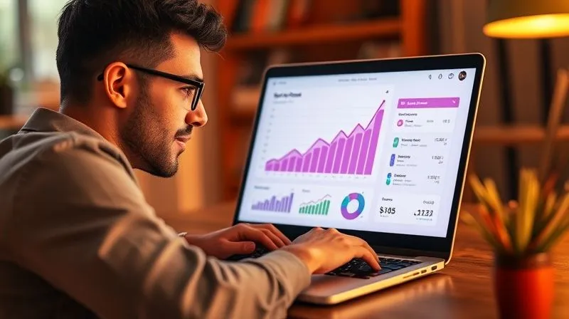 A photorealistic image of a freelancer looking confidently at a laptop screen displaying a successful e-commerce dashboard, with a stylized graph showing exponential growth, bathed in warm, optimistic light. 8K, sharp focus.