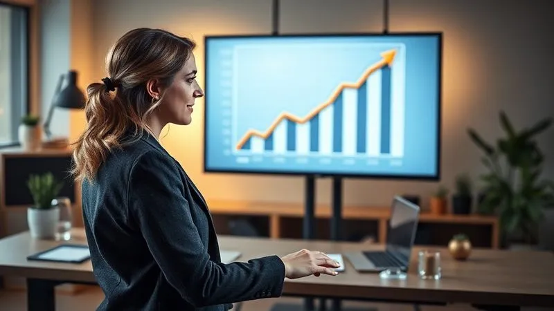 A photorealistic image of a professional freelancer, a woman in her 30s, confidently presenting a detailed financial growth chart on a large screen in a modern, minimalist office. The chart shows a clear upward trend, symbolizing successful niche specialization and increased income. Cinematic lighting, sharp focus on the woman and the screen, depth of field blurring the background. Shot on a high-end DSLR, 8K hyper-detailed.