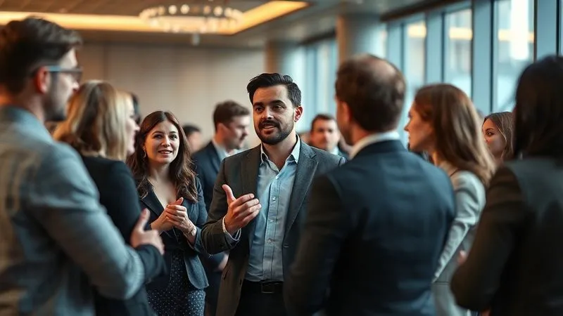 A photorealistic image of a diverse group of professionals attending a high-level networking event, engaging in animated discussions. One central figure, a freelancer, is confidently explaining a concept, surrounded by attentive listeners. The setting is modern and elegant, with soft, professional lighting. Sharp focus on the central figure, depth of field blurring the background. Shot on a high-end DSLR, 8K hyper-detailed.