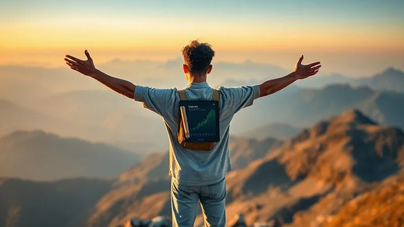 A photorealistic image of a freelancer, a person of color in their late 20s, standing confidently on a mountain peak at sunrise, arms outstretched, looking towards a vast, inspiring landscape. They hold a tablet with a subtle glowing income graph. The scene evokes a sense of accomplishment, freedom, and a new beginning. Cinematic lighting, sharp focus on the individual, depth of field blurring the distant mountains. Shot on a high-end DSLR, 8K hyper-detailed.