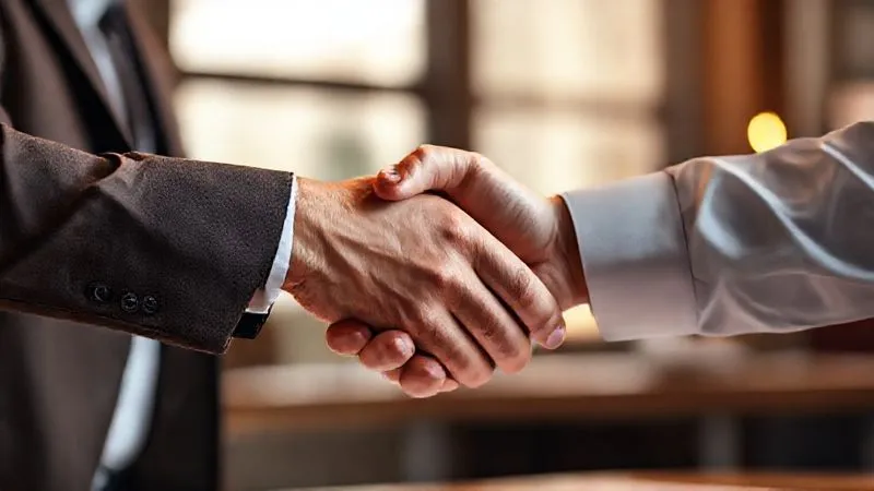 A photorealistic image of a handshake between a freelancer and a client over a contract, symbolizing long-term partnership, professional setting, cinematic lighting, sharp focus, depth of field, 8K hyper-detailed, shot on a high-end DSLR.