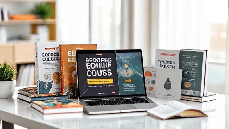 A photorealistic image of various digital products (e-book cover, online course interface, template icon) arranged neatly on a modern desk with a laptop, representing diversified income streams. Soft, natural lighting, sharp focus on the products, depth of field blurring the background, 8K hyper-detailed, professional photography, shot on a high-end DSLR.