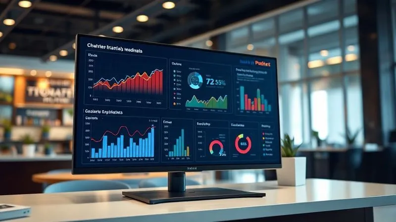 A visually stunning, modern dashboard with multiple data visualizations showing positive trends in sales and customer engagement, presented on a sleek monitor in a professional setting. Cinematic lighting, sharp focus on the data, depth of field blurring the background, 8K hyper-detailed.