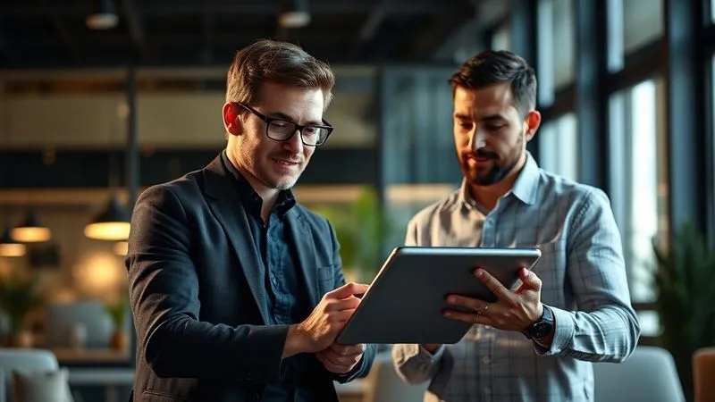 A photorealistic image of a freelancer confidently presenting a portfolio on a tablet to a potential client, in a modern, well-lit office setting. The client is engaged and attentive. Cinematic lighting highlights the interaction, sharp focus on the tablet and faces, depth of field blurring the background, 8K hyper-detailed.
