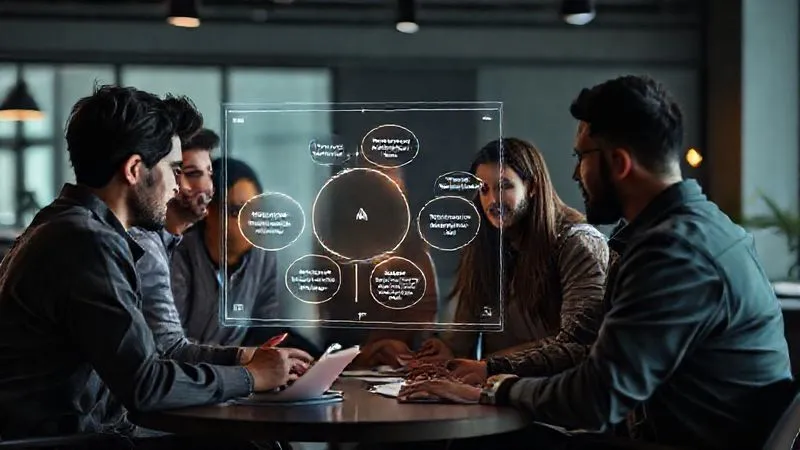 Photorealistic image of a diverse group of freelancers collaboratively analyzing a holographic projection of a "V.A.L.O.R." framework diagram, showing interconnected concepts of market value, personal affinity, market gaps, growth opportunity, and client relevance. The scene is dynamic, with subtle light trails indicating data flow, in a modern, well-lit studio setting. 8K, cinematic lighting, sharp focus, depth of field, shot on a high-end DSLR.