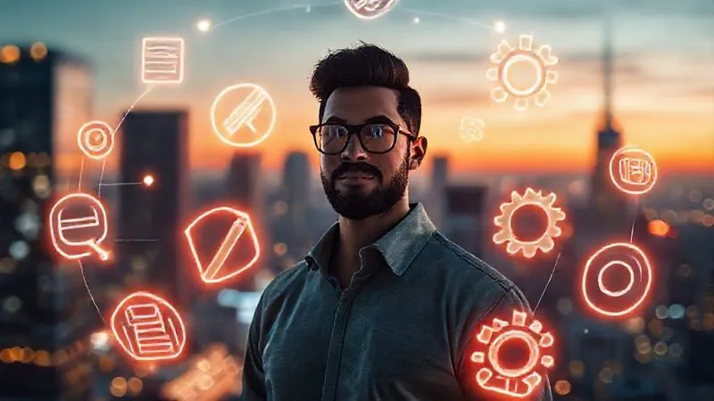 Photorealistic image of a diverse set of glowing digital icons representing various hard skills (e.g., a magnifying glass for SEO, a pen for copywriting, a chart for data analysis, a gear for project management) orbiting a central, brightly lit figure of a confident freelancer. The background is a softly blurred, futuristic cityscape at dawn, symbolizing new opportunities. 8K, cinematic lighting, sharp focus, depth of field, shot on a high-end DSLR.