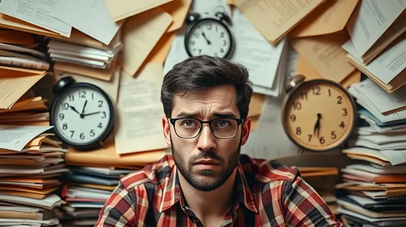 A photorealistic image of a freelancer looking stressed and overwhelmed, surrounded by numerous open project files and a clock ticking rapidly, symbolizing the drain of time and resources by demanding clients. Cinematic lighting, sharp focus on the freelancer's face, depth of field blurring the chaotic background, 8K hyper-detailed, shot on a high-end DSLR.