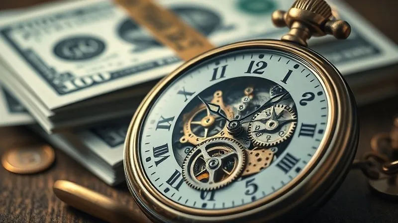 A photorealistic close-up of a vintage pocket watch with its gears exposed, showing intricate mechanisms, with a stack of money in the background, out of focus. The lighting is dramatic, highlighting the concept of time and money intertwining. 8K hyper-detailed, sharp focus on the watch, depth of field, shot on a high-end DSLR.