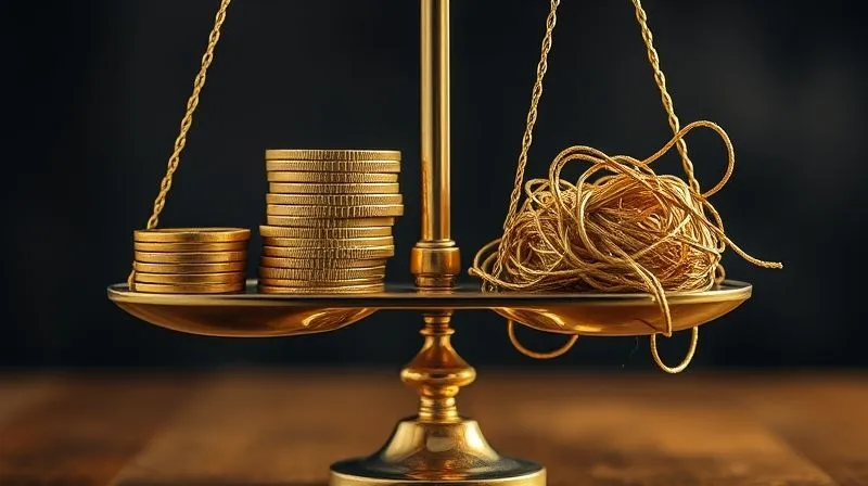 A photorealistic image of a balanced scale, with a stack of gold coins on one side and a complex, tangled knot of strings on the other, symbolizing the balance between profit and effort in client relationships. Cinematic lighting, sharp focus on the scale, depth of field blurring the background, 8K hyper-detailed, shot on a high-end DSLR.