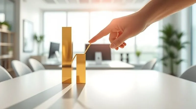 A photorealistic image of a rising bar graph made of polished gold, casting a long shadow onto a clean, minimalist desk with a single, focused hand pointing towards the peak of the graph. The background is a brightly lit, modern office space. Cinematic lighting, sharp focus on the graph, depth of field blurring the office, 8K hyper-detailed, shot on a high-end DSLR.