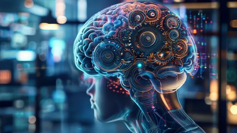 A photorealistic image of a person's brain, partially transparent, revealing intricate gears and cogs working in perfect synchronization, surrounded by subtle digital data streams. The lighting is cinematic, sharp focus on the brain's internal mechanisms, depth of field blurring a modern office background, 8K hyper-detailed, professional photography, shot on a high-end DSLR, conveying strategic thought and organized mental clarity.