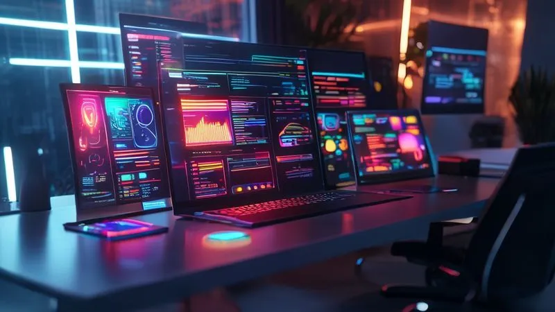 A photorealistic, professional photography, 8K, cinematic lighting, sharp focus, depth of field, shot on a high-end DSLR, of a sleek, minimalist desk with multiple glowing digital interfaces on a laptop and tablet, showing different project management dashboards and communication apps, all seamlessly integrated and radiating efficiency. The scene should evoke modern productivity and technological harmony.