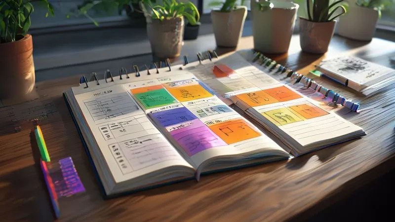 A photorealistic image of a detailed weekly planner or calendar, open on a desk, with various color-coded blocks representing different tasks and projects. The lighting is soft and natural, emphasizing organization and foresight. Sharp focus on the planner, depth of field blurring a tidy workspace, 8K hyper-detailed, professional photography, shot on a high-end DSLR, conveying masterful time allocation.