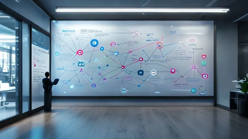 A photorealistic image of a seamless, flowing workflow diagram on a digital whiteboard, with interconnected nodes and arrows representing optimized processes. The diagram is clean and modern, illuminated by soft, professional lighting. Sharp focus on the diagram, depth of field blurring a contemporary office background, 8K hyper-detailed, professional photography, shot on a high-end DSLR, conveying efficiency and structured flow.