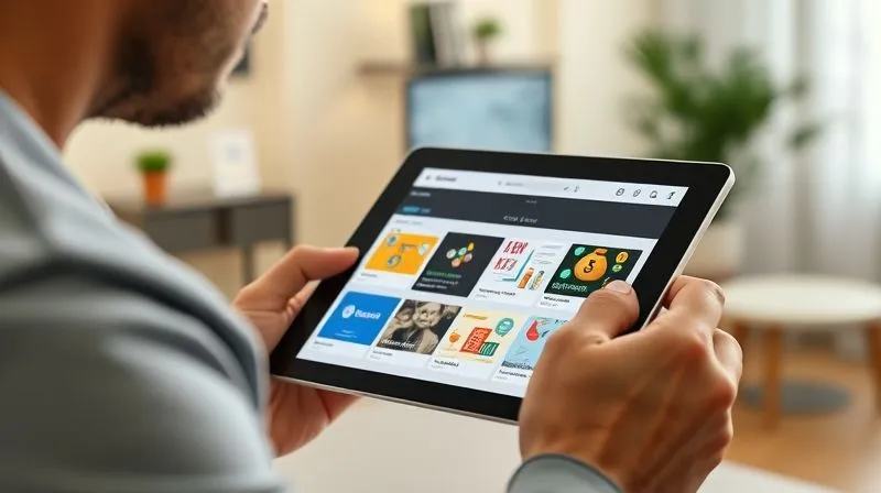 A photorealistic image of a freelancer carefully selecting online courses on a tablet, surrounded by a subtle aura of strategic thinking and focused intent. The tablet screen shows various course thumbnails with small icons of money bags and growth charts, implying ROI. The background is a clean, modern home office with soft, cinematic lighting, sharp focus on the tablet and freelancer's hands, 8K, professional photography.