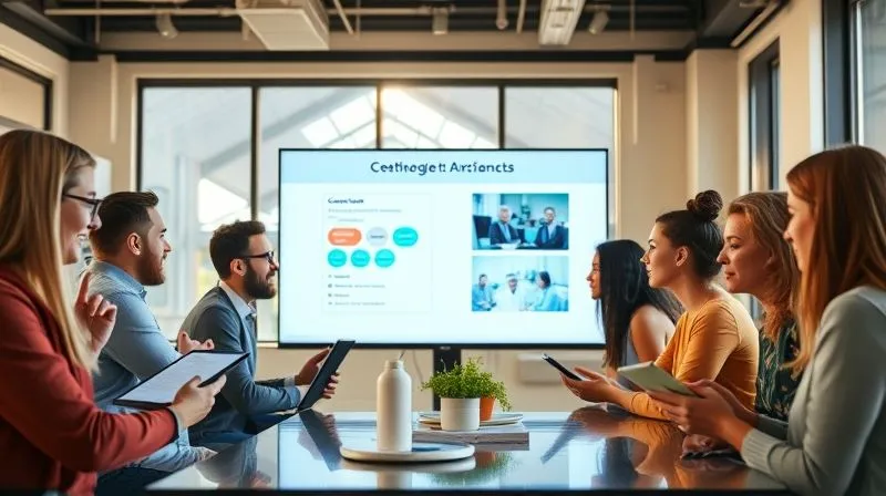 A photorealistic image of a diverse group of freelancers actively collaborating and learning in a modern, sunlit co-working space. One freelancer is presenting a concept on a large screen, while others are taking notes on laptops and tablets, engaged in discussion. The atmosphere is energetic and focused, with cinematic lighting highlighting their faces. Sharp focus on the group, with a subtle depth of field. 8K, professional photography.