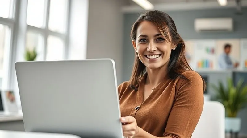 A photorealistic image of a freelancer, Ana, proudly showcasing a successful landing page design on her laptop, with a client's testimonial pop-up in the corner. Her expression is confident and accomplished. The background is a bright, modern office space with subtle digital elements representing data and conversion rates. Cinematic lighting, sharp focus on Ana and the screen, 8K, professional photography.