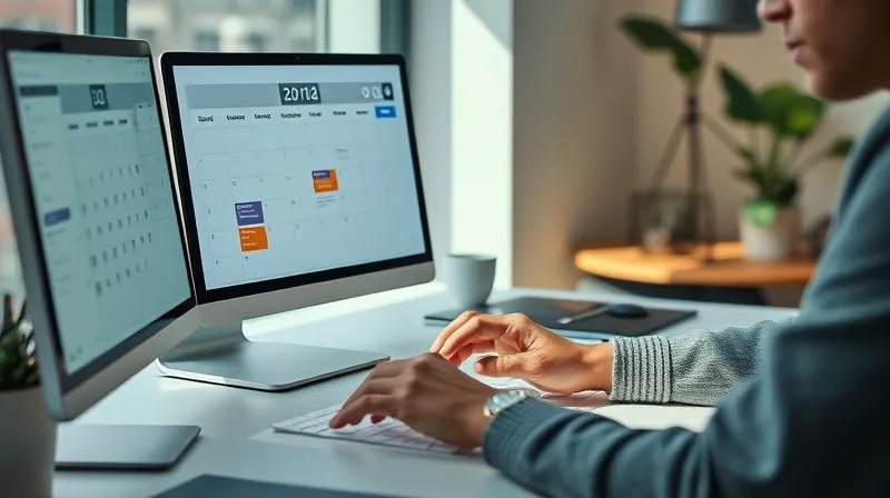 A photorealistic image of a freelancer diligently working at a clean, organized desk, with a calendar clearly showing blocked-out time for learning and application. A digital clock on the screen indicates a focused work session. The atmosphere is calm and productive, with natural light streaming in, emphasizing discipline and time management. Sharp focus on the freelancer's hands and the calendar, 8K, professional photography.