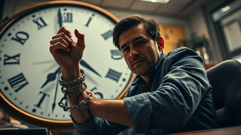 A photorealistic, professional photography image from a low angle, showing a weary freelancer sitting at a desk, their wrist shackled to a large, old-fashioned clock. The clock face is blurred, but the hands are moving rapidly, symbolizing the relentless passage of time. Cinematic lighting casts long, dramatic shadows. The freelancer's face shows a mix of exhaustion and determination. 8K, sharp focus on the shackle and clock, depth of field blurring the background office. Shot on a high-end DSLR.